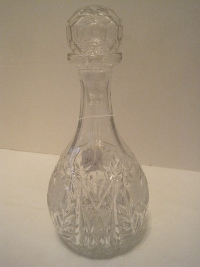 Crystal Hand Blown Decanter w/ Faceted Stopper Frosted Flower/Foliage Design