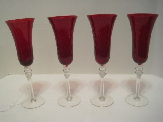 Set - 4 Optic Swirl Ruby Bowls To Clear Stem Fluted Champagne Glasses Hand Crafted