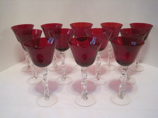 Set - 12 Panel Ruby Design Bowls To Clear Spiral Stem Wine Glasses Hand Crafted Pontil Base