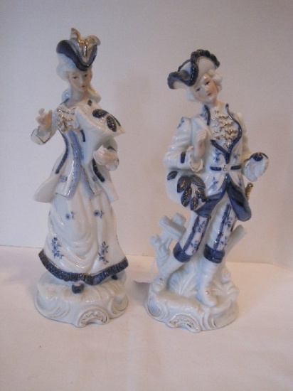 Pair - Porcelain Blue/White Victorian Gentleman & Lady Figurines Gilt Trim