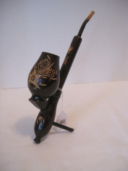 Carved Wooden German Style Free Standing Pipe w/ Wildflowers Dark Stain Finish