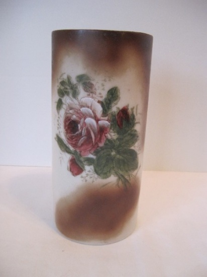 Unique Bristol Glass Style Cylinder Milk Glass Vase w/ Hand Decorated Rose Spray