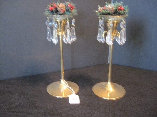 Pair - Brass Finish Contemporary Candle Sticks w/ Bobeche Candle Rings