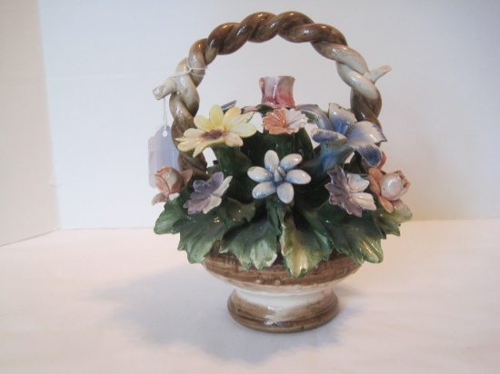 Capodimonte Porcelain Hand Made Footed Basket w/ Floral Arrangement