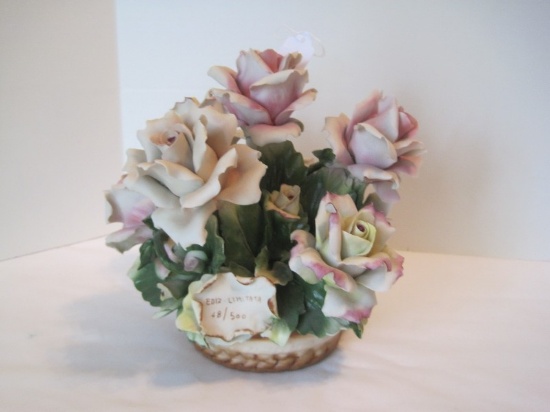 Scarce Capodimonte Porcelain Pink Roses in Basket
