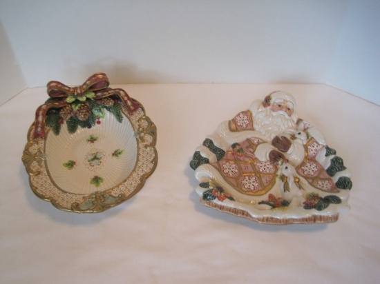 Fitz & Floyd Classic Collection Christmas Santa Claus w/ Bunny Rabbits Design Tray