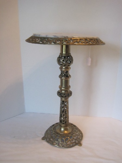 Pedestal Intricate Pierced Brass Accent Table w/ Marble Top