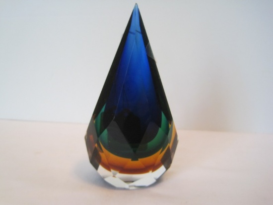 Art Glass Tear Drop Ambers, Emerald & Cobalt Paper Weight Multifaceted Design