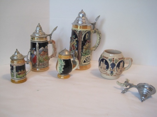 Lot - German Pottery Steins Various Relief Design & 1 Mug