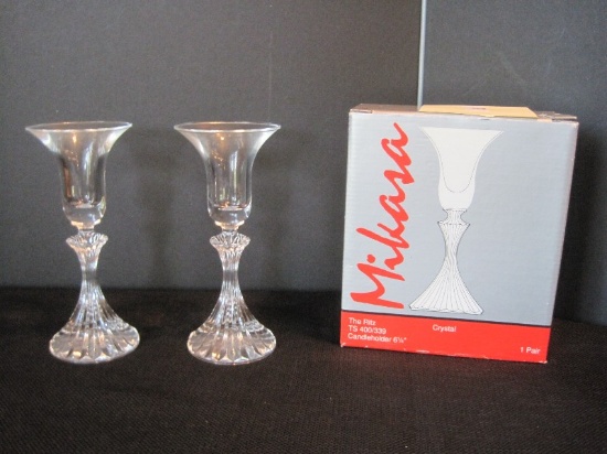 Pair - Mikasa Crystal Single Candle Holders Ritz Pattern