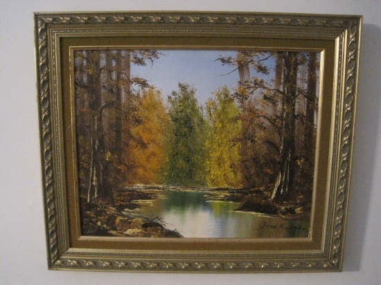 Fall Woodland w/ Stream Oil on Canvas Artist Signed