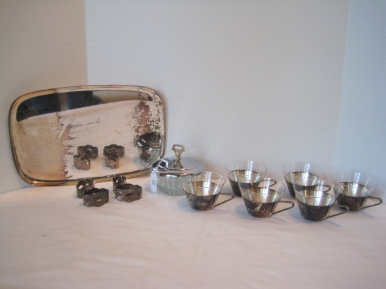 Lot - Mid-Century Design Cups w/ Glass Inserts 4 Silverplated Napkin Rings