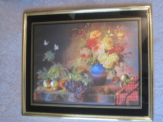 Still Life Floral Arrangement/Fruit on Table Foil Reflective Print in Gold Tone Frame/Black