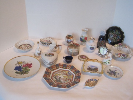 Lot - Misc. Porcelain Trinket Dishes, Miniature Bud Vases, Angel Figurines, Hand Bells, Etc.