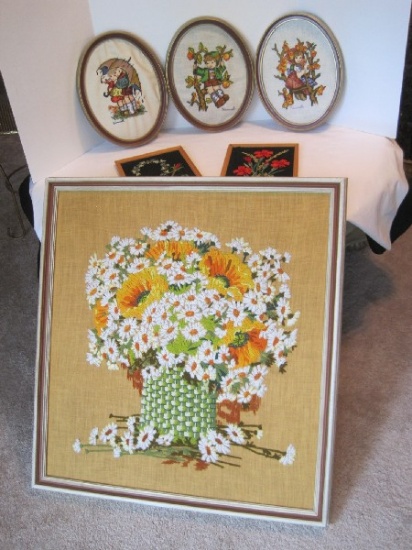 Lot - Framed Needlepoint Wild Flowers, Daisies in Basket & 3 Hummel Designs