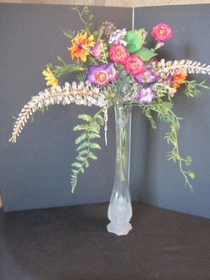 Crystal Vase w/ Frosted Relief Roses/Foliage Base & Silk Arrangement