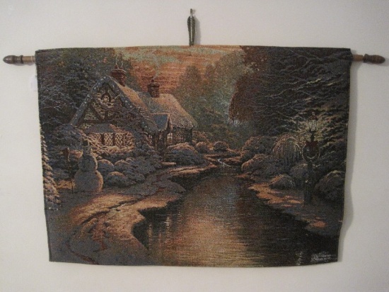 Fiber Optic Thomas Kinkade Tapestry Christmas Evening Snowy Cottage