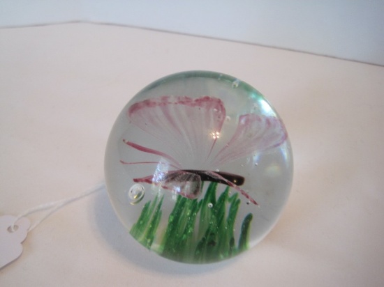 Dynasty Gallery Art Glass Pink Butterfly Orb Paperweight