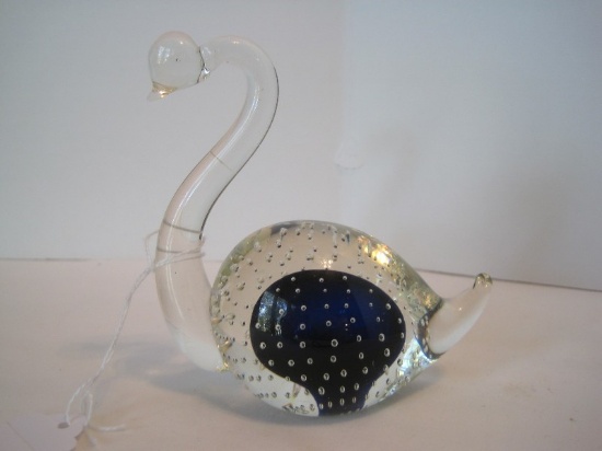Art Glass Cobalt/Clear Hand Crafted Swan Paperweight w/ Controlled Bubble Design