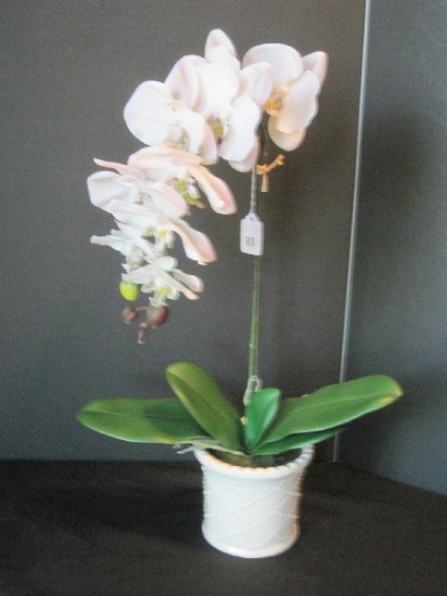 White Beaded Harlequin Pattern Planter w/ Silk White Orchid Plant
