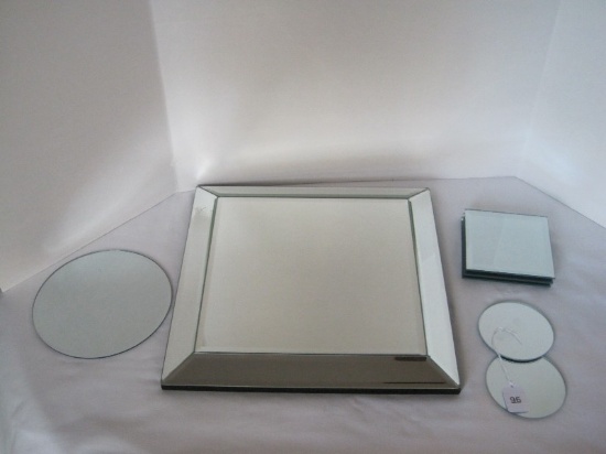 Lot - Beveled Mirror Plateau Table Center Pierce, 3 Square Beveled Mirror Display Bases