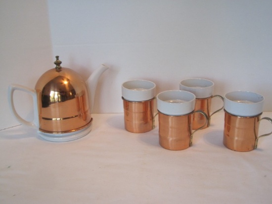 Baker Hart & Stuart Porcelain Teapot w/ Copper Cover & 4 Copper Handled Mugs w/ Inserts