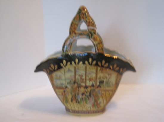 Semi-Porcelain Satsuma Style Center Handled Basket Geisha Courtyard Scene