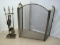 Fire Place Lot - Tri-Fold Screen w/ Tools & Stand Brushed Brass Antiqued Patina