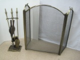 Fire Place Lot - Tri-Fold Screen w/ Tools & Stand Brushed Brass Antiqued Patina