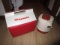 Igloo Red/White Plastic Cooler w/ Aladdin Red/White Plastic Pump-A-Drink Jug