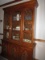 Mahogany Wood China Cabinet, Block-Cut Trim, Arched Window Tops, 2 Lattice Windows