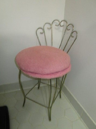 Wire Frame Pink Upholstered Seat Metal Chair Curled Back/Carved Feet