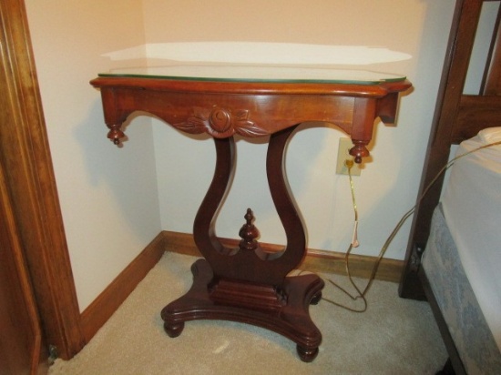 Wooden Curved Top Night Stand Floral Curved Medallion Glass Top, Carved Lyre Base Stand