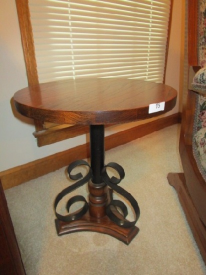 Wooden Round Top Night Stand Metal Curled Sides Pedestal Base