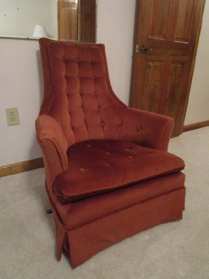 Red Upholstered Pin-Back Rocking Chair, Narrow Top to Curved Arms