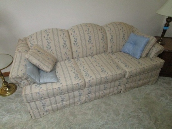 Blue Floral Stripe Pattern 3-Seat Couch/Fold-Out Bed by Mar-Clay Manor w/ 2 Cushions