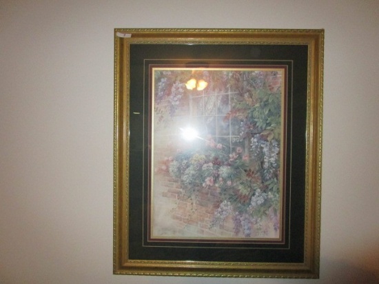 Flowers by Window Lithograph Print w/ Ornate trim Gilted Frame/Matt