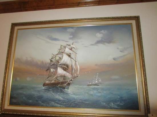 Hand Painted Oil on Canvas Ships on Ocean Scene in Gilted Ornate Trim Travel/Matt