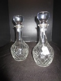 Pair - Diamond-Cut, Scalloped Neck Decanters w/ Stoppers