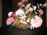 Brilliant-Cut Planter Bowl w/ Etched Carolina Wren Center, Curled Handles, Faux Flowers