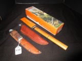 Lot - Cryovac Knife w/ Wood Patina Block Handle, Knife w/ Wood Veneer Handle