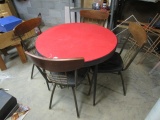 Red Round Top Folding Card Table w/ 3 Chairs Wood Top/Metal Back, Black Fabric Seats