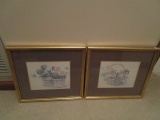 Pair - Watercolor Prints, Flowers in Basket, 2 Plants in Pots, Artist Signed Jodi Jenson