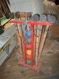 Vintage Wooden Crochet Set 6 Mallets, Stand, Balls, Etc.