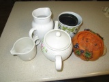 Misc. Ceramics - Lattice Design Teapot, Creamer, Pitcher, Bowl/Planter, Pumpkin Motif Bowl