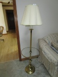 Brass Body/Spindle Base Floor Lamp w/ Round Glass Shelf w/ Cream Shade