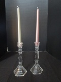 Pair - Glass Spindle-Style Candle Sticks w/ Candles