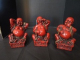 3 Red Wooden Buddha Laughing Figurines Hear, See, Speak No Evil