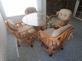Glass Top, Wicker Body Lattice Design Patio Table w/ 4 Matching Chairs