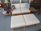 Wicker /Wood Design 2 Seat Sofa w/ White Upholstered Seats w/ 2 Matching Stools